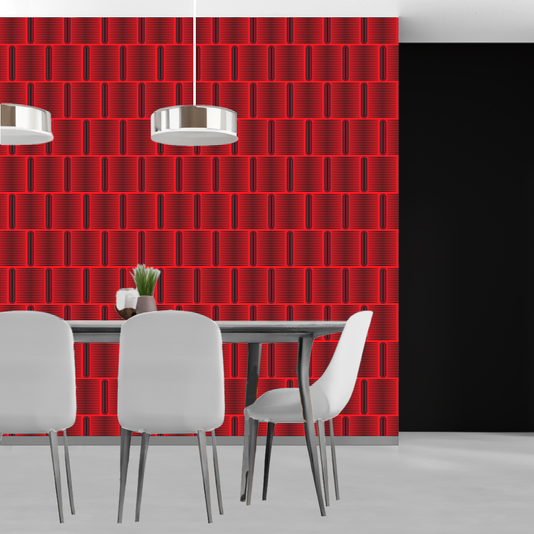 The artwork features a repeating geometric pattern of symmetrical shapes resembling elongated, curved diamonds or petals in various shades of blue and green. Each shape is split vertically with one half filled with a light blue and the other half filled with green or darker blue. The background is a light, almost pastel blue, which provides a soft yet vibrant backdrop. One of the blue shapes near the upper left contains a white starburst element, adding a focal point of brightness to the composition. The overall design conveys a modern, mid-century aesthetic with clean lines and harmonious color contrasts.